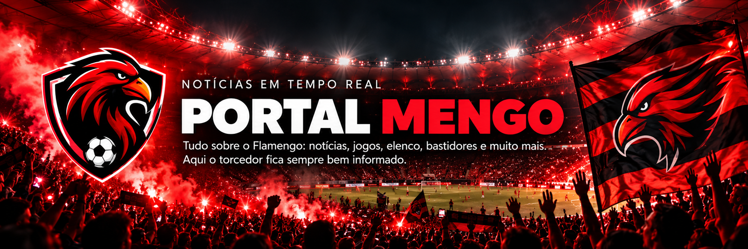 Portal Mengo: tudo sobre o Flamengo, notícias, jogos, elenco, bastidores e muito mais. Estádio lotado com identidade visual própria do Portal Mengo e atmosfera rubro-negra.